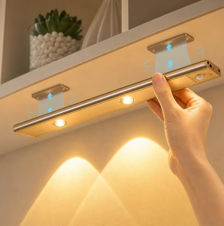 Hand attaching the SmartKitchen magnetic LED light bar under the cabinet