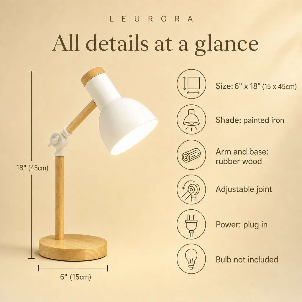 Scandi wooden desk lamp all details at a glance, 6" x 18" (15 x 45cm), iron shade, rubber wood