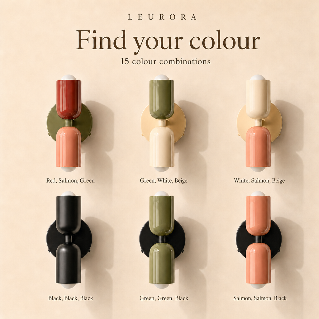 Orion wall lamp in 15 colour combinations: red, salmon, green, white, black and beige