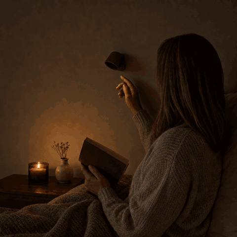 Woman switches on the EasyLamp wall light by touch and reads in the warm light