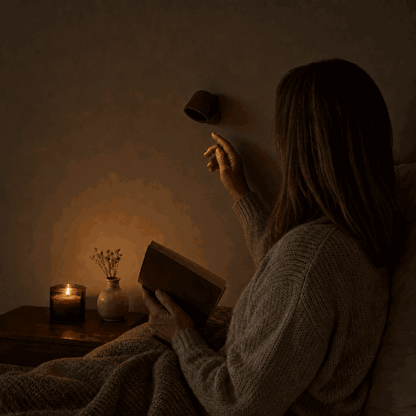 Woman switches on the EasyLamp wall light by touch and reads in the warm light