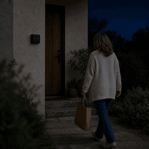 SolarGlow solar wall light switches on via motion sensor as the woman walks to the front door