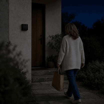 SolarGlow solar wall light switches on via motion sensor as the woman walks to the front door