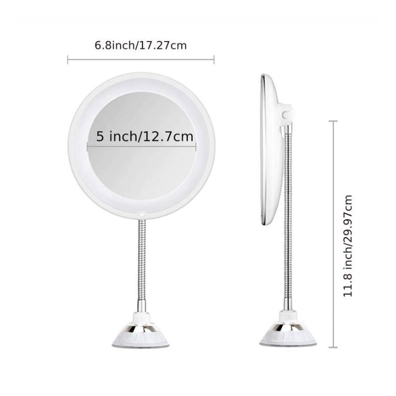 LED makeup mirror dimensions: 7" (17.3cm), 5" (12.7cm) mirror, 12" (30cm) height