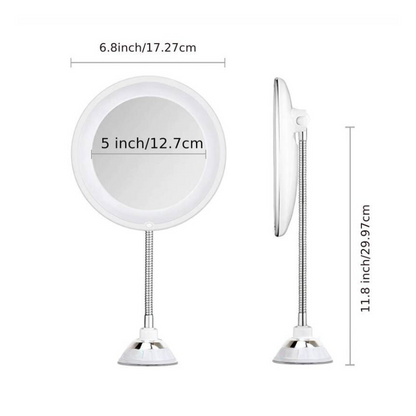 LED makeup mirror dimensions: 7" (17.3cm), 5" (12.7cm) mirror, 12" (30cm) height