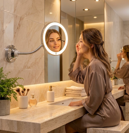 Woman doing her makeup with the illuminated LED cosmetic mirror