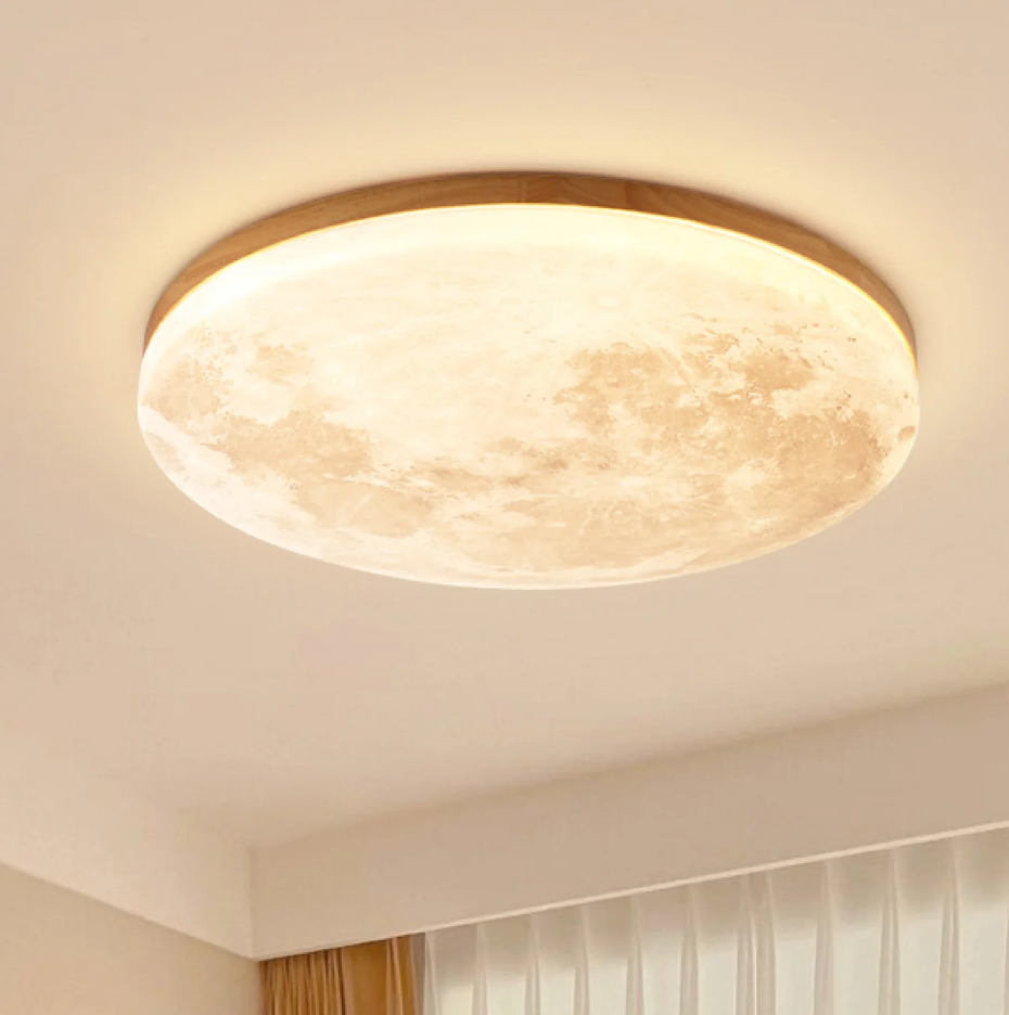 LED Moon Ceiling Light 'LunaLight', Round Flush Ceiling Lamp with Wood Frame, Warm, Cool or Tri Colour Dimmable, for Kids Room, Bedroom and Living Room