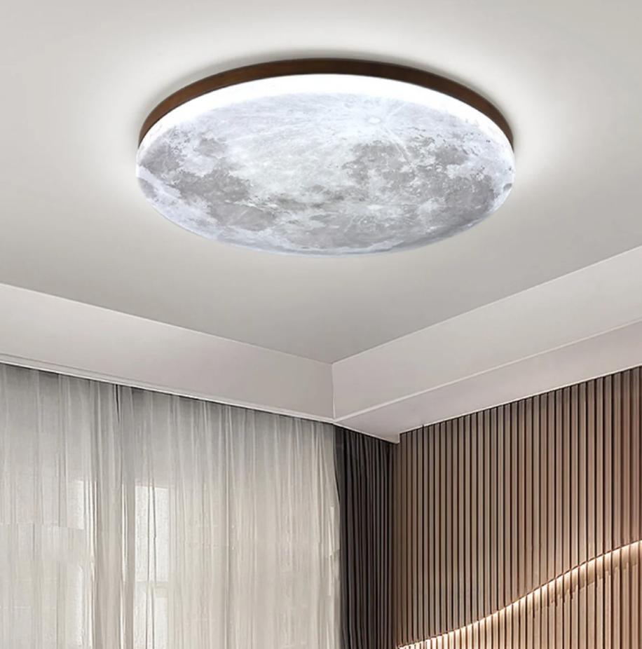 LED Moon Ceiling Light 'LunaLight', Round Flush Ceiling Lamp with Wood Frame, Warm, Cool or Tri Colour Dimmable, for Kids Room, Bedroom and Living Room