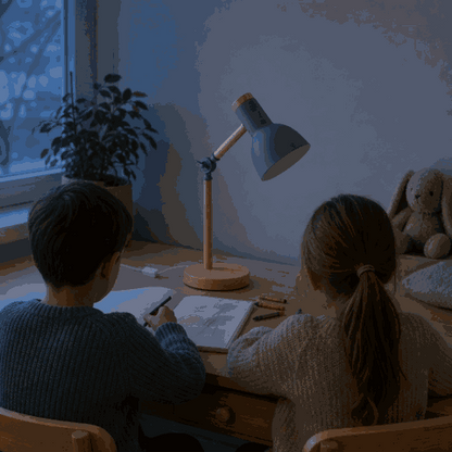 Children switch on the Scandi wooden desk lamp in the kids room