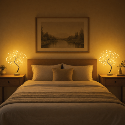 Two LED light tree lamps on the bedside tables in the bedroom