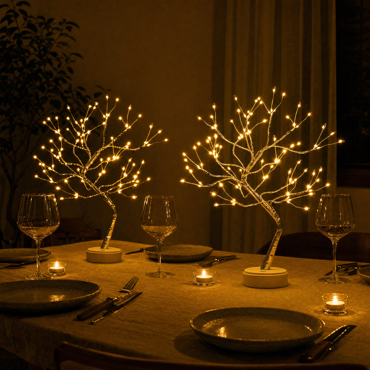 Two LED light trees on the dining table with candlelight
