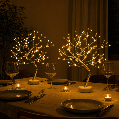 Two LED light trees on the dining table with candlelight