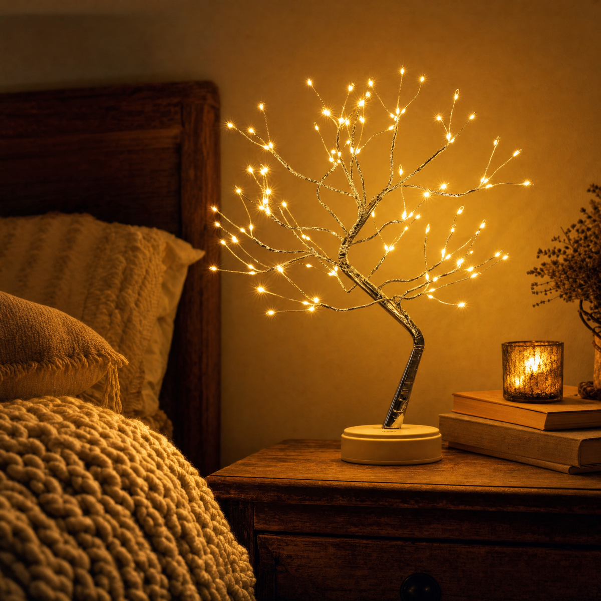 Magic Light Tree as a bedside lamp next to the bed
