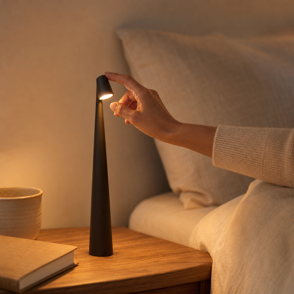 Hand switches on the LumiNord bedside lamp by touch