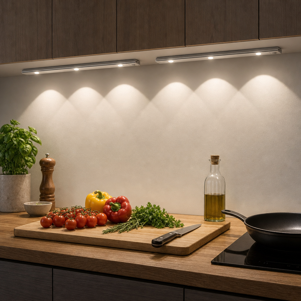 LED under cabinet lights illuminating the worktop while cooking