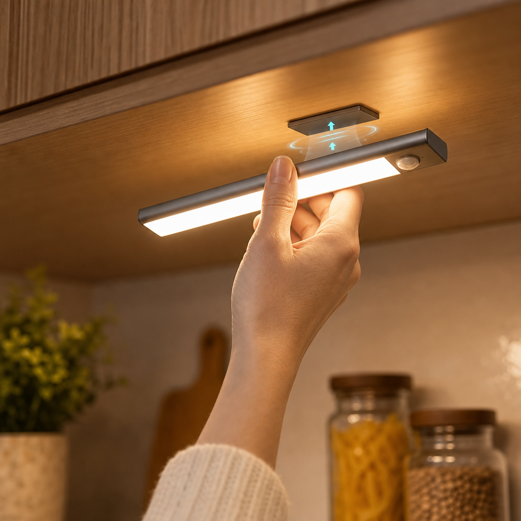 Hand attaching the cordless LED under cabinet light LemiKitchen to the magnetic mount under the kitchen cupboard