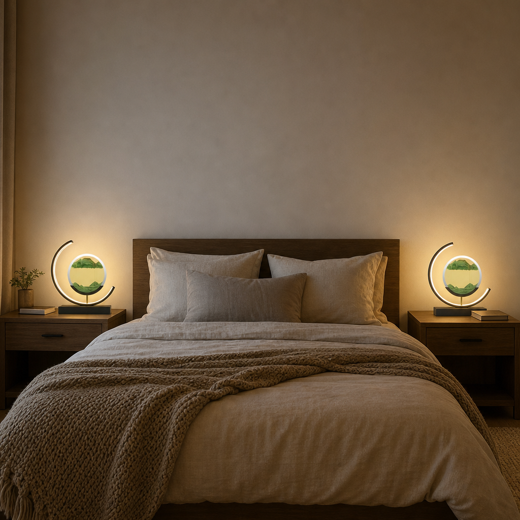 Two green SandArt LED sand lamps as bedside lamps in the bedroom