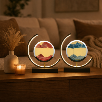 Two SandArt LED sand lamps in red and blue on the sideboard in a cosy living room