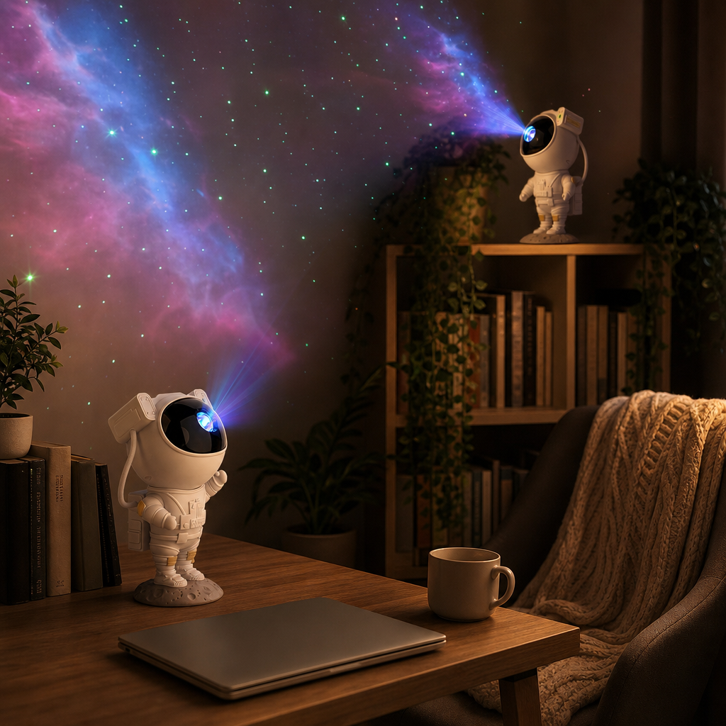 Two Astronaut star projectors in a cosy study