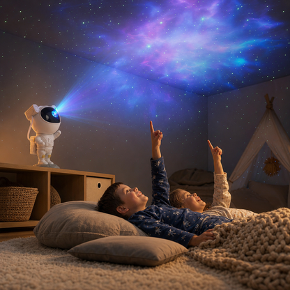 Boy and girl lying in the kids room pointing at the galaxy of the Astronaut star projector
