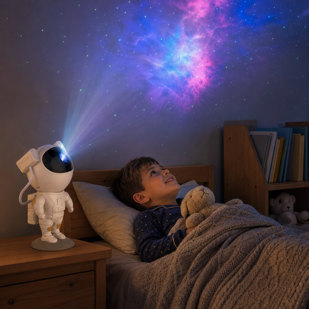 Boy in bed looking excitedly at the starry sky of the Astronaut projector, sleep aid for the kids room
