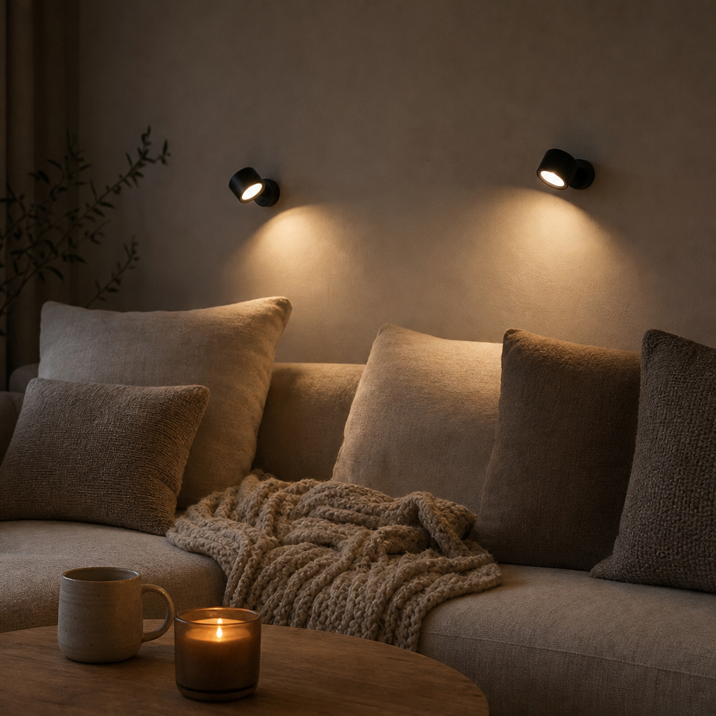 Two black EasyLamp wall lights above the sofa in a cosy living room