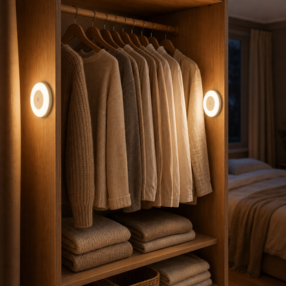 Two LumiBeam wardrobe lights inside a closet