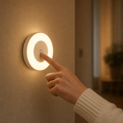 Hand pressing the button of the LumiBeam LED night light