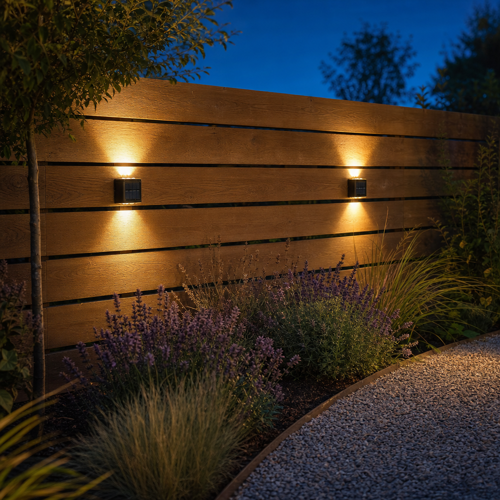 Two SolarGlow solar lights on the garden fence at dusk