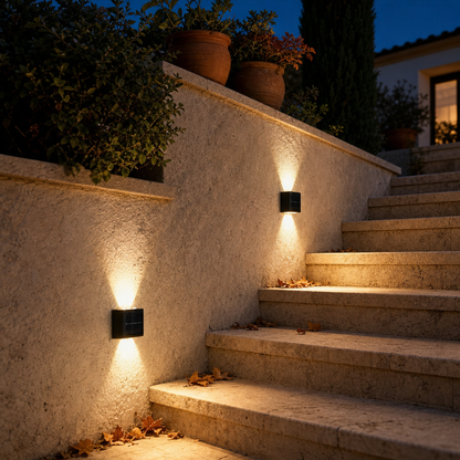 Two SolarGlow solar lights illuminating the outdoor stairs