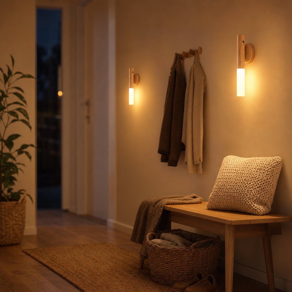 Two LumiWood wooden wall lights in a cosy hallway in the evening