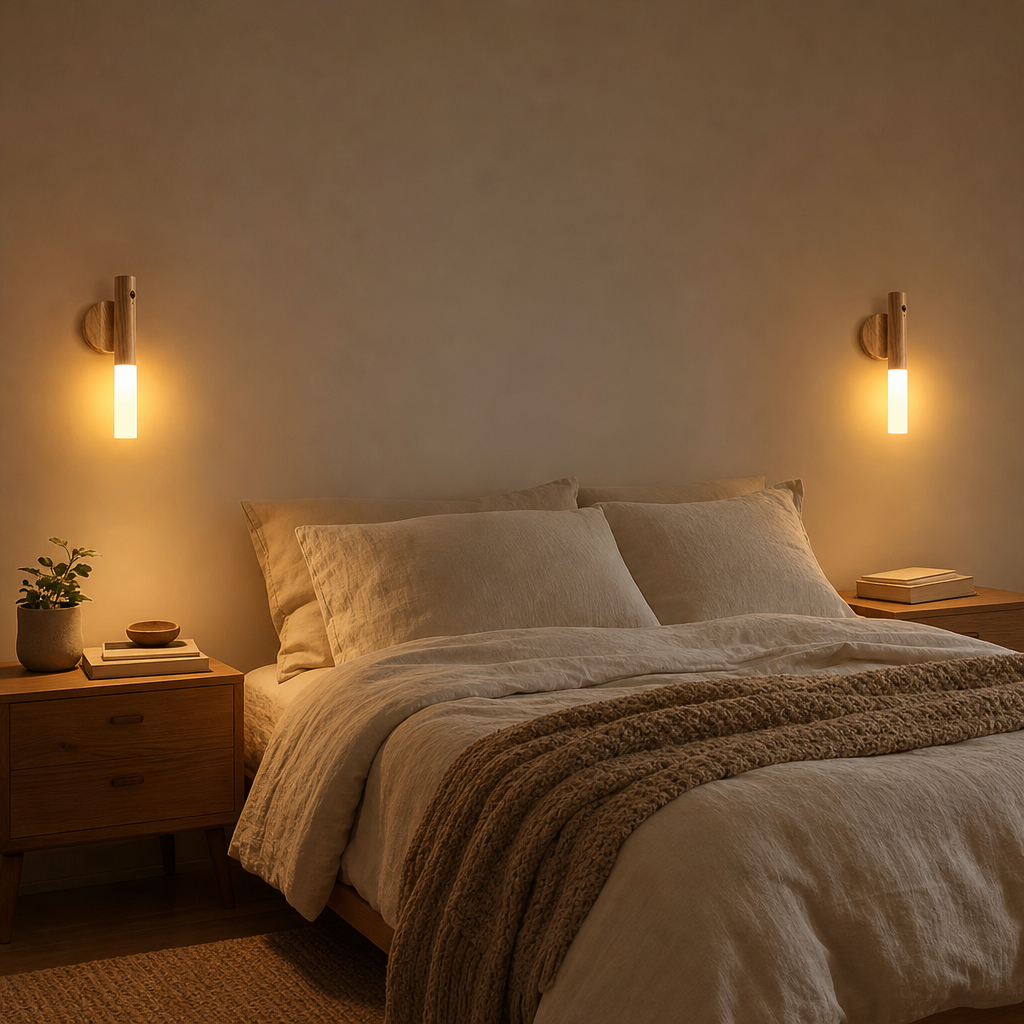 Two LumiWood wooden wall lights as reading lights on both sides of the bed
