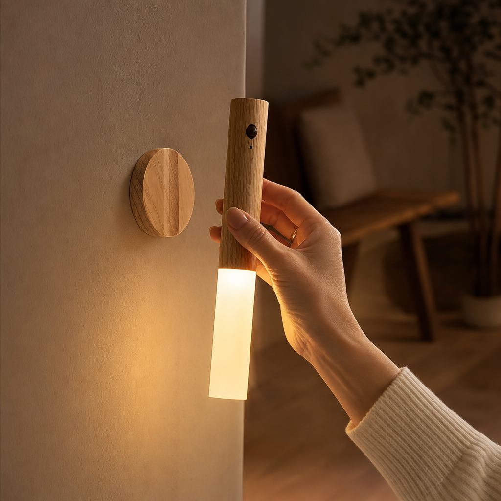 Hand detaching the LumiWood wooden light from the magnetic wall mount