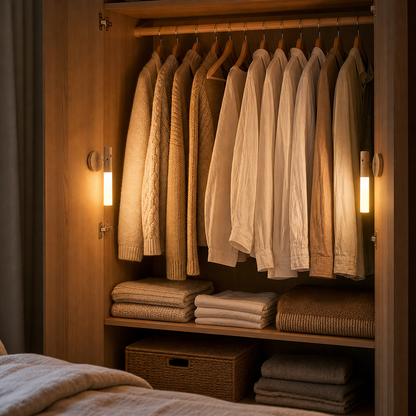 Two LumiWood wooden lights with motion sensor in the wardrobe