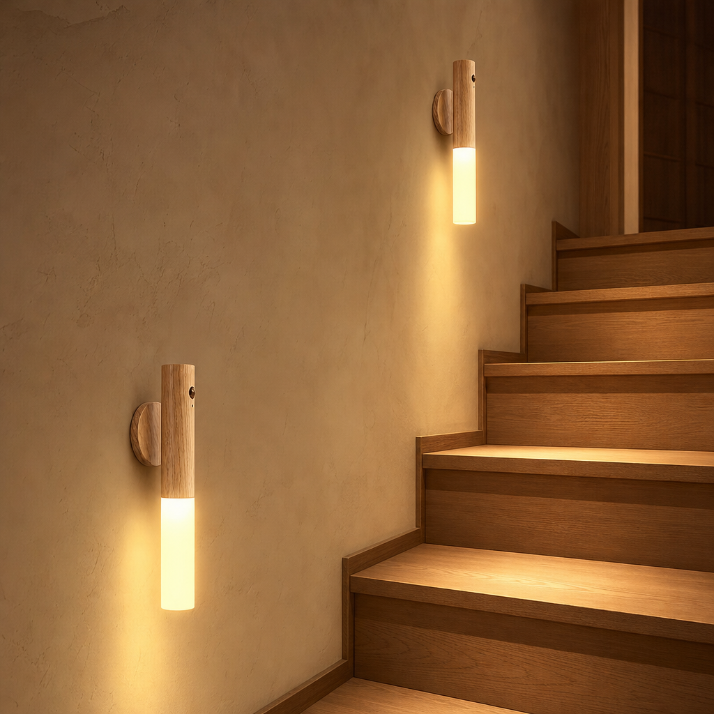Two LumiWood wooden wall lights illuminating the wooden stairs