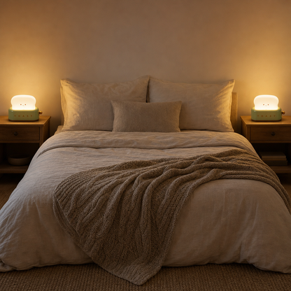 Two green ToastLight toaster night lights on the bedside tables in the bedroom