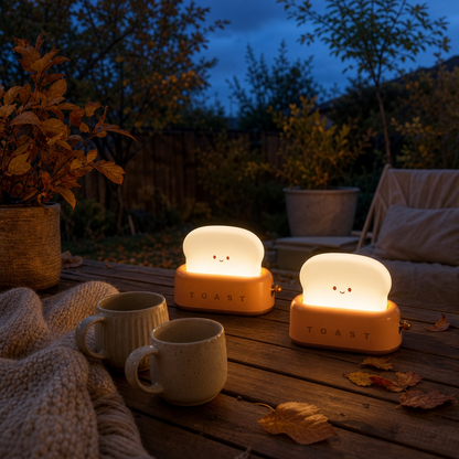 Two cordless ToastLight toaster lamps on a terrace at dusk