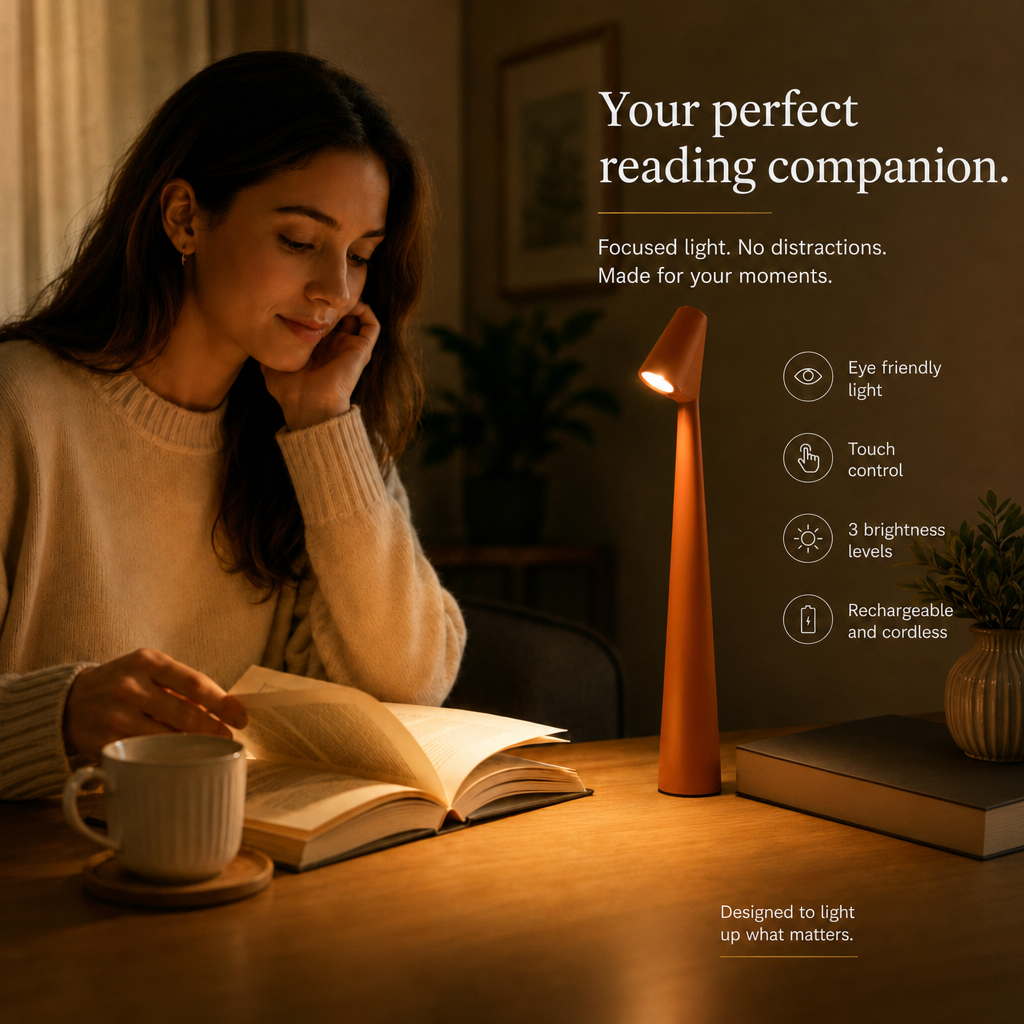 Young woman reading with the orange LumiNord reading lamp, eye friendly light and touch control