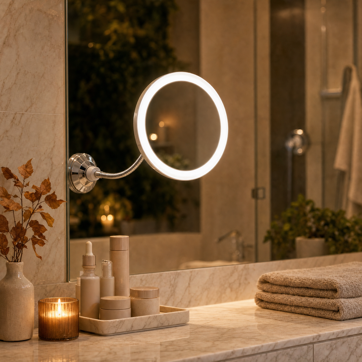 LED makeup mirror with 10x magnification and flexible arm on the bathroom mirror