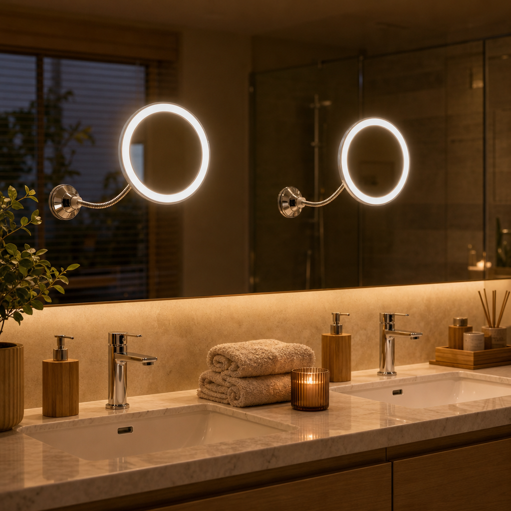 Two illuminated LED makeup mirrors above the double vanity in the bathroom