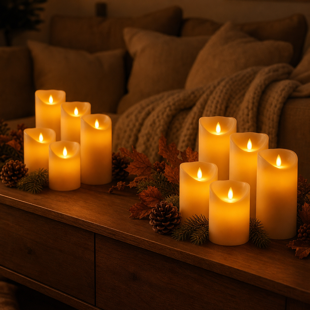 Two sets of flameless LED pillar candles on the sideboard in a cosy living room