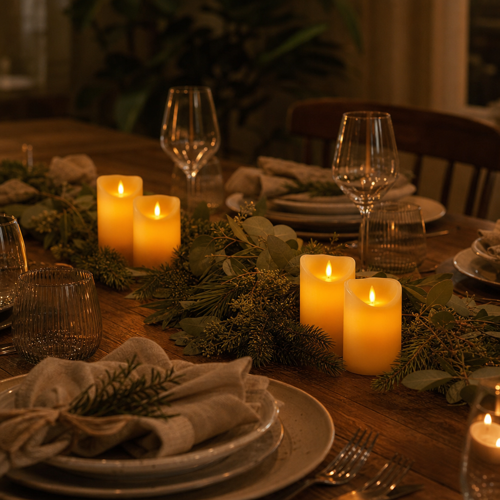 Flameless LED candles with moving flame on the dining table