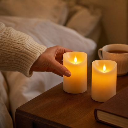 Hand placing a flameless LED candle on the bedside table