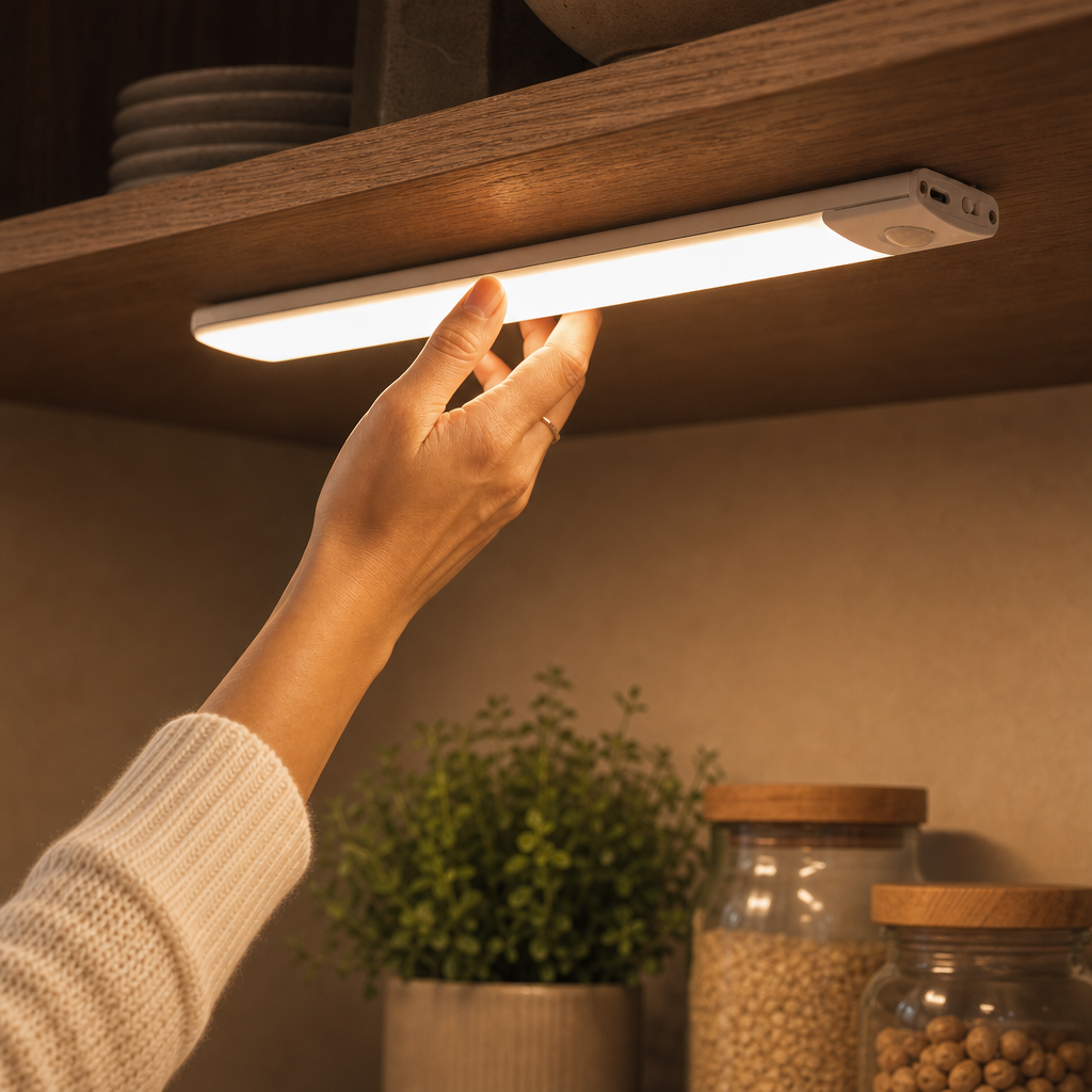 Hand attaching EasyStick LED light under a kitchen cabinet with magnetic tape