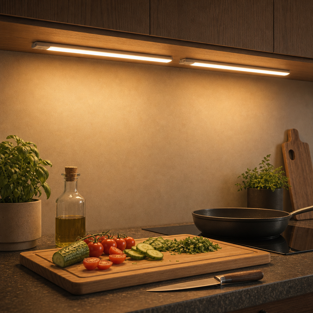 Two EasyStick LED under cabinet lights illuminating kitchen worktop while cooking