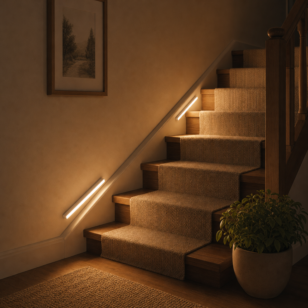 Two EasyStick motion sensor LED lights on a staircase at night