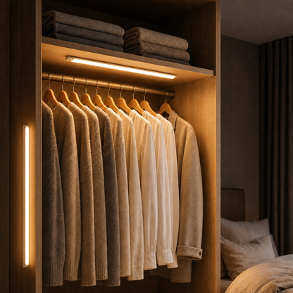 Two EasyStick rechargeable LED closet lights in a wardrobe with warm light
