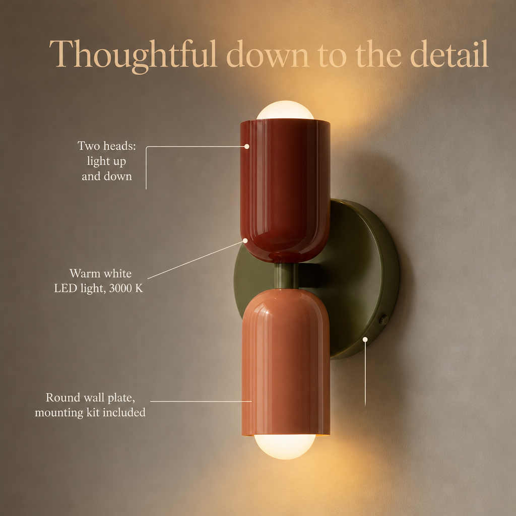 Orion wall light details: two heads, warm white LED light 3000 K, round wall plate with mounting kit