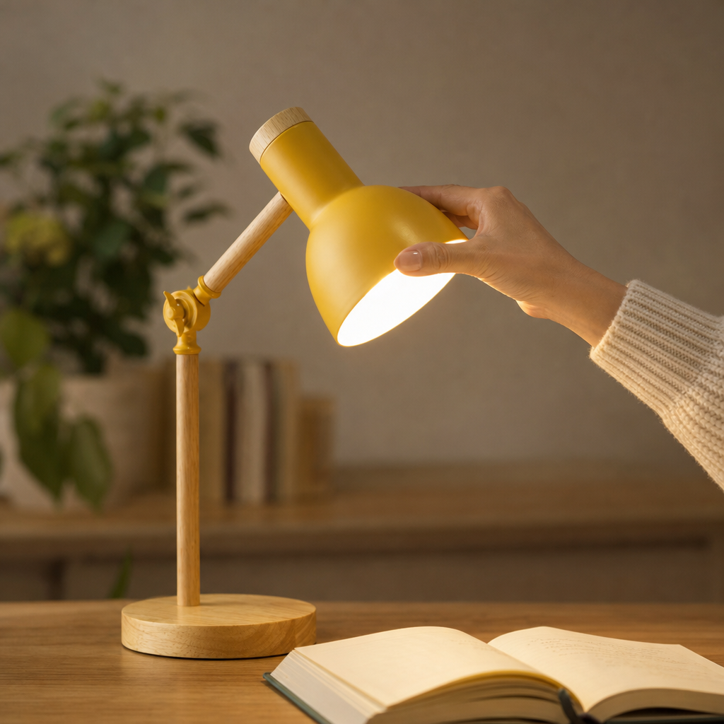 Hand tilts the shade of the yellow Scandi reading lamp