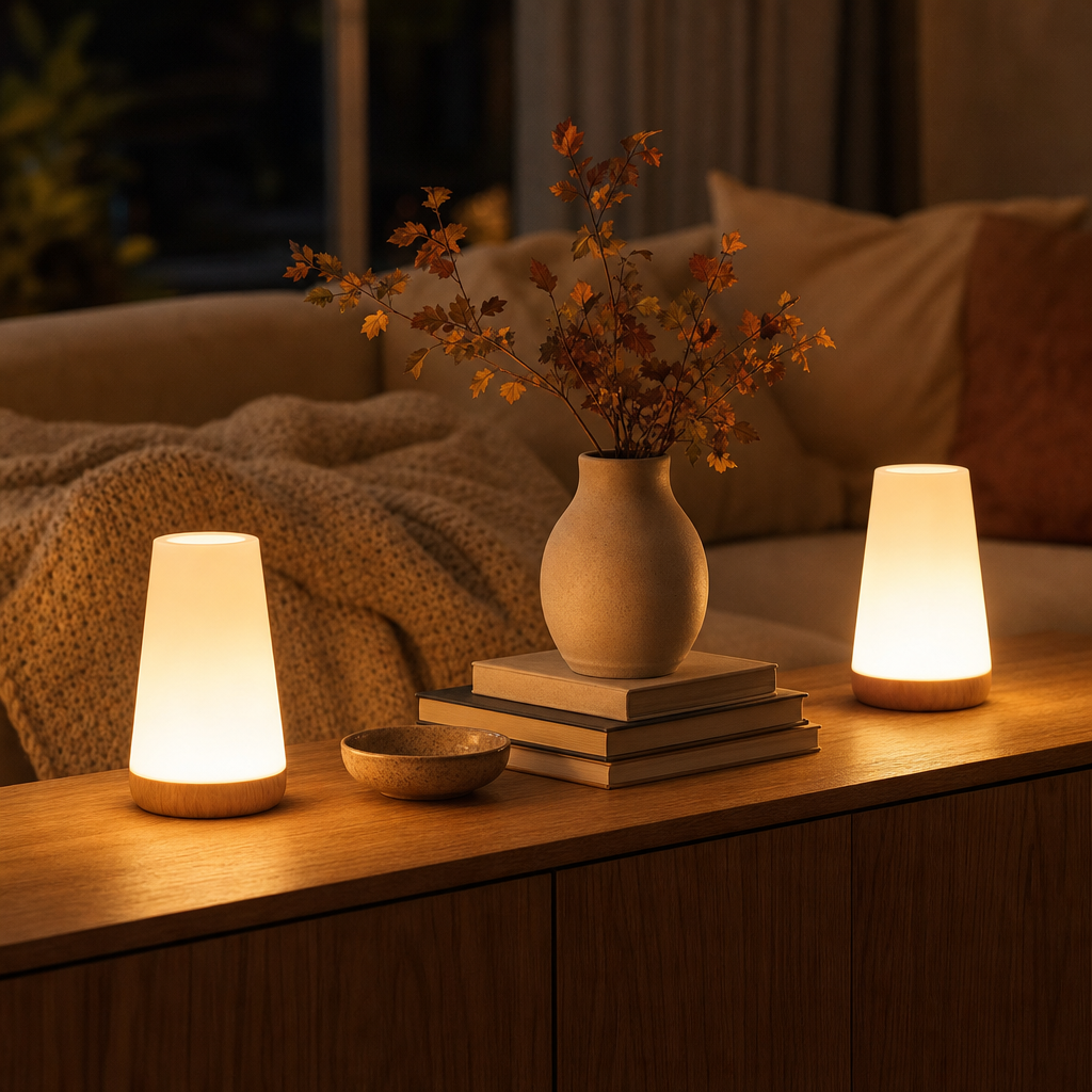 Two LumiMood cordless table lamps on a sideboard in a cosy living room